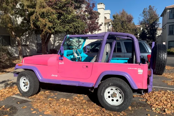 Convertible Jeep parked on a leaf-covered street, showcasing a unique pink and purple design