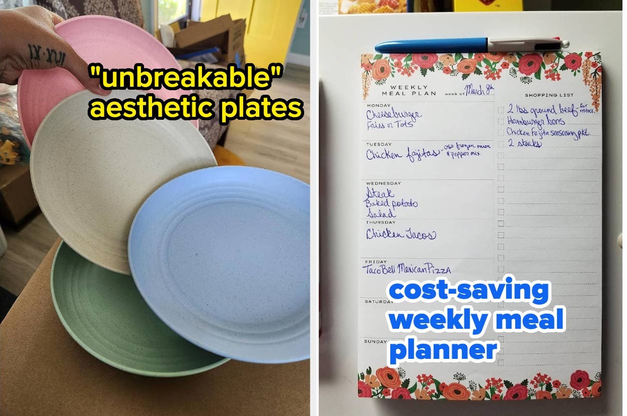 On the left, stack of "unbreakable" aesthetic plates. On the right, a cost-saving weekly meal planner and shopping list pad