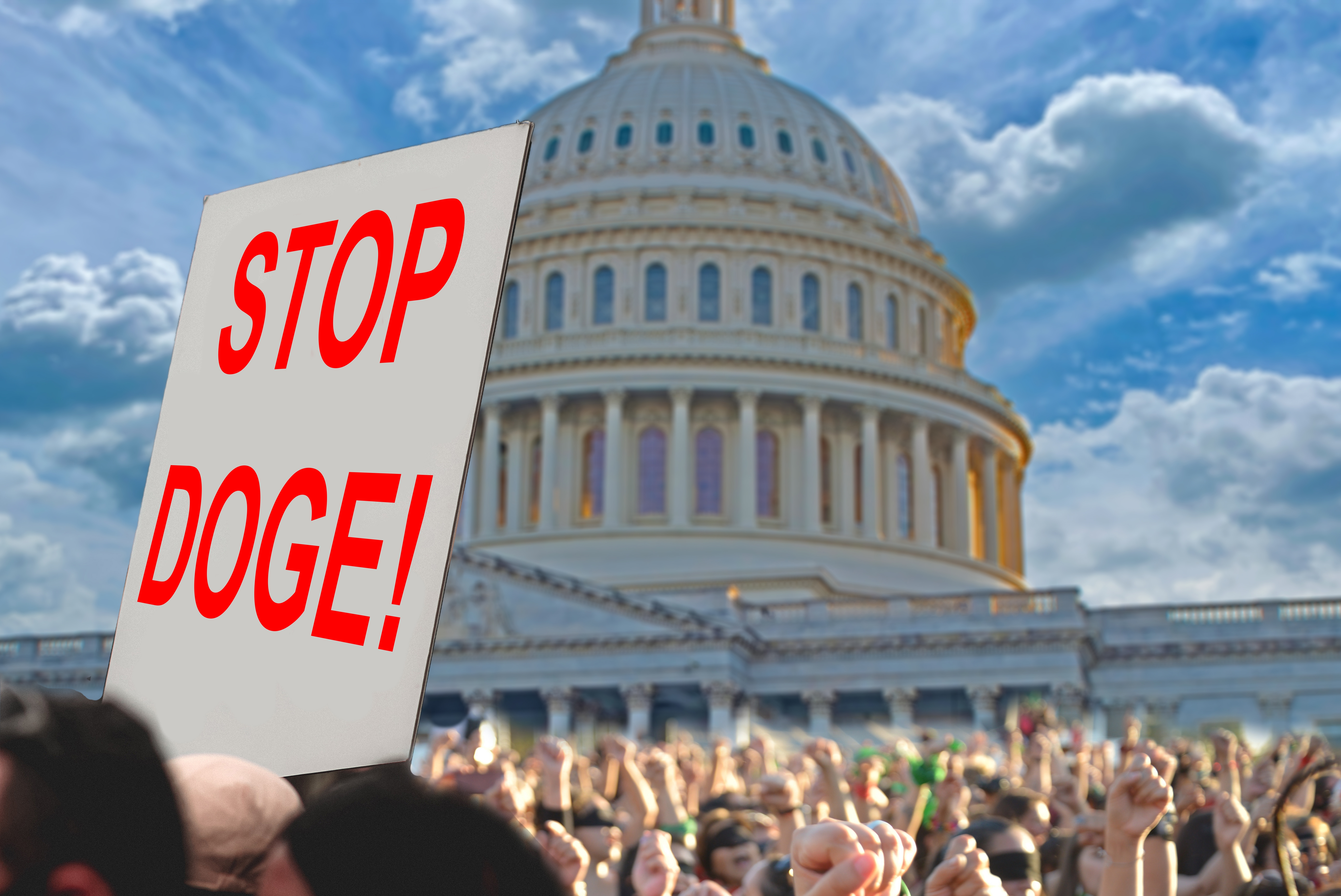Protest outside the U.S. Capitol with a sign reading &quot;Stop Doge!&quot; amidst a crowd of raised fists
