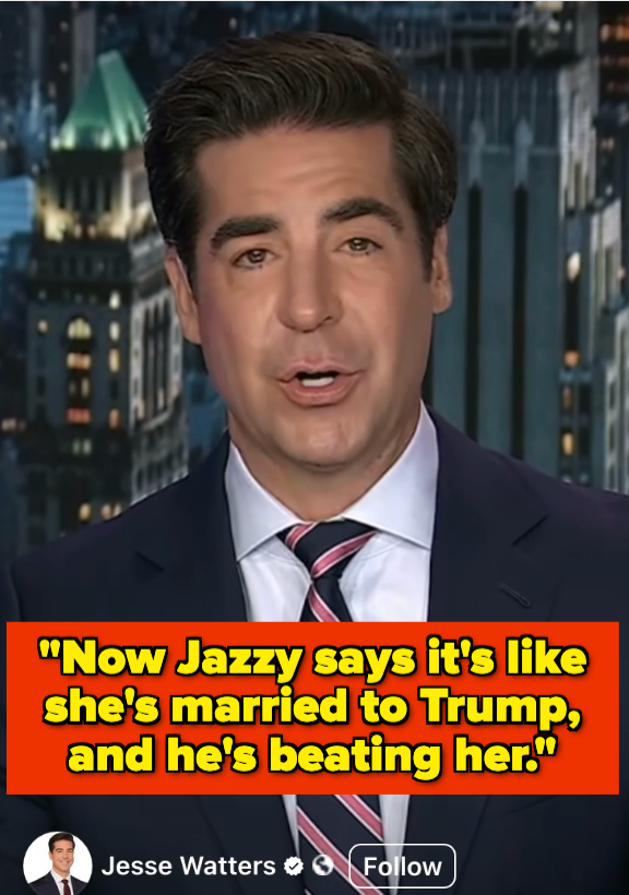A man in a suit speaks on TV. Bold text below quotes someone comparing their experience to being married to Trump, with implied criticism