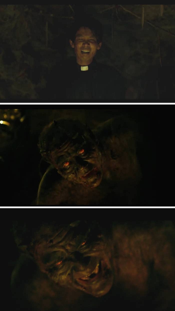 Three scenes: A priest looks up solemnly. Two close-ups of a figure with glowing eyes and a menacing expression
