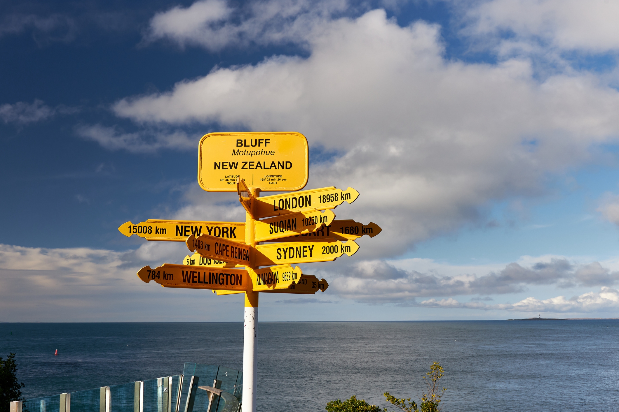 Signpost in New Zealand shows distances to cities: New York, London, Sydney, Wellington. Ocean and sky in the background