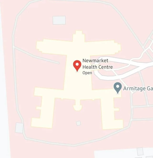 Map image showing Newmarket Health Centre with a pin. The building resembles a human figure. Armitage Gardens is nearby