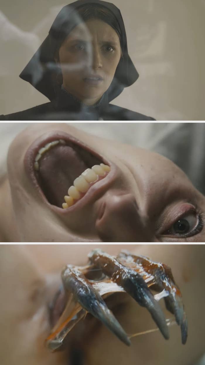 Three stills from a horror film: a woman in a nun's habit, a close-up of a mouth screaming, and a monstrous hand with sharp claws