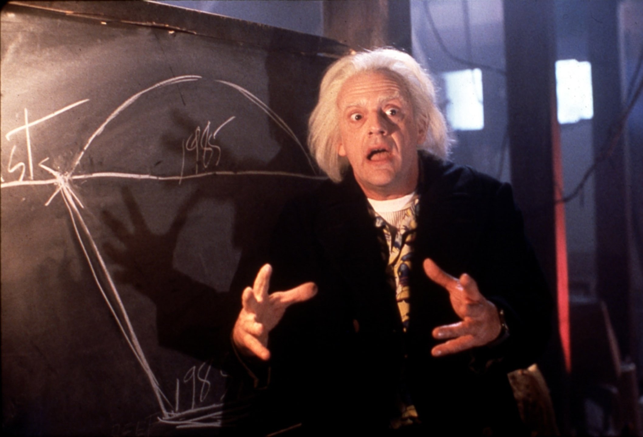 Christopher Lloyd as Doc stands animatedly in front of a blackboard with time travel equations in a movie scene