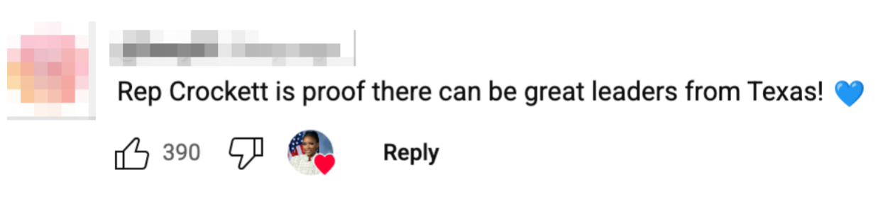 A comment praising Rep Crockett as an example of great leadership from Texas, with 390 likes and a heart emoji