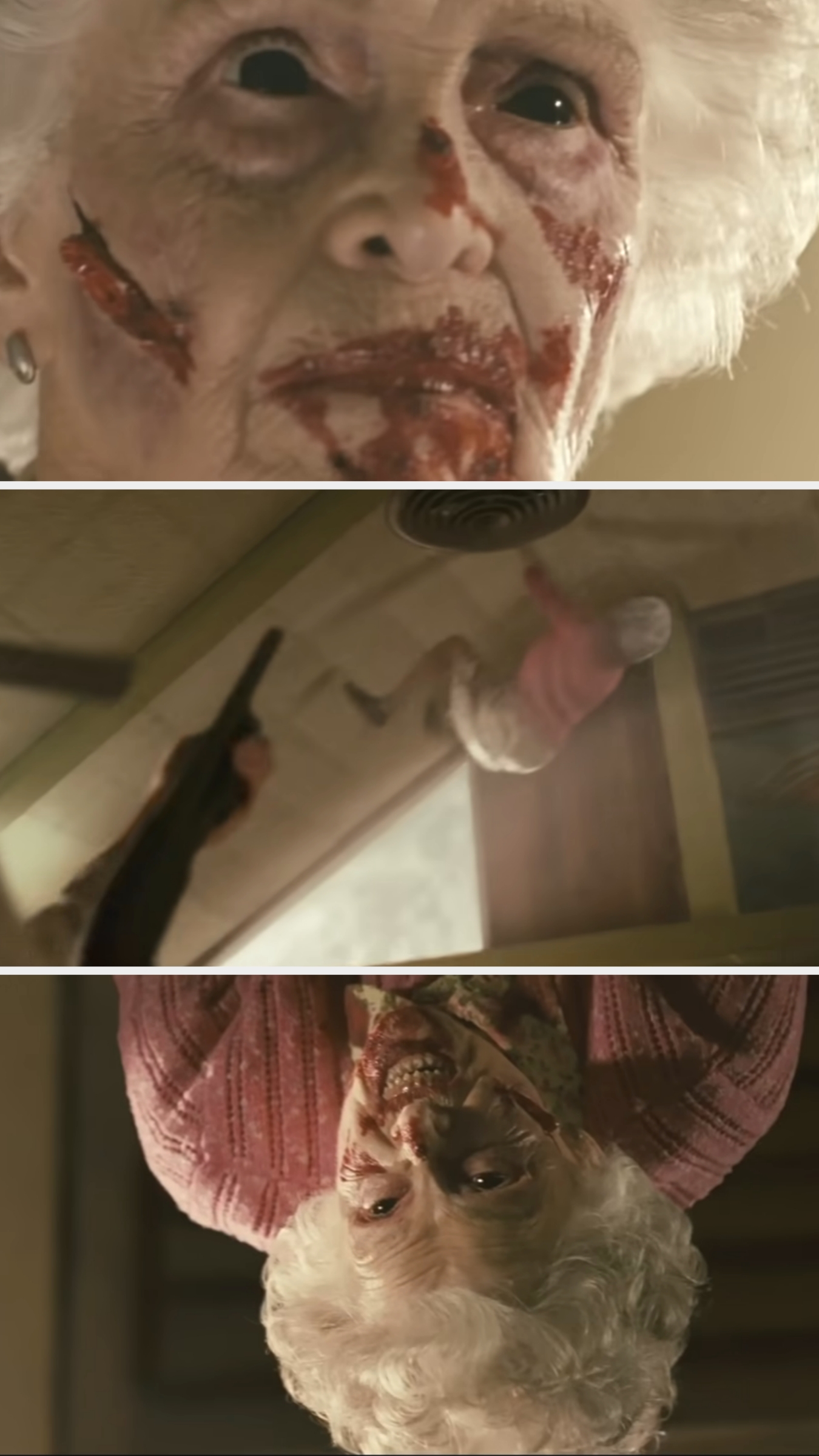 Scene from a horror film showing an elderly woman with a zombified appearance hanging from a ceiling, reflecting intense fear and suspense