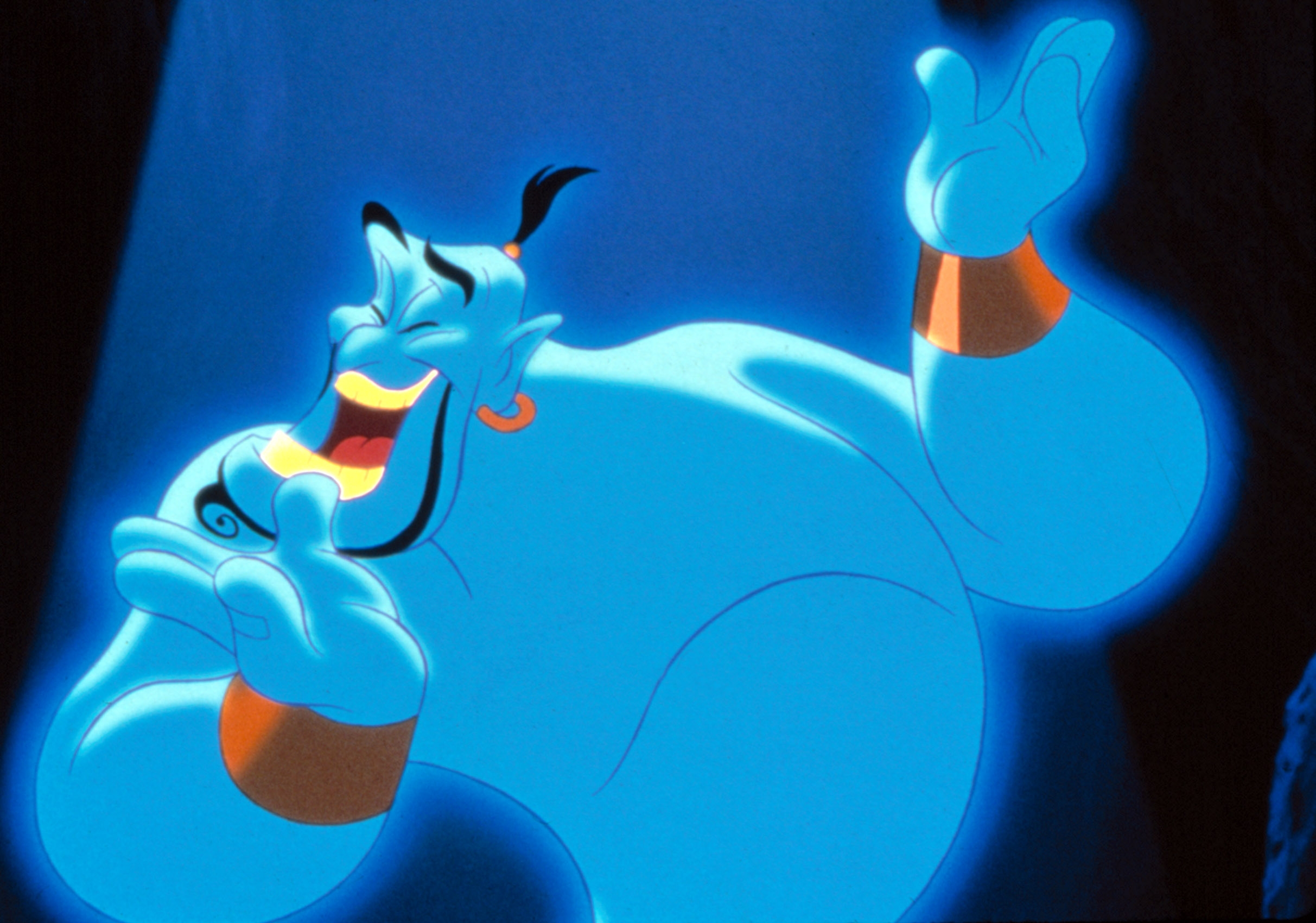 Animated genie smiling with arms wide, wearing gold bracelets