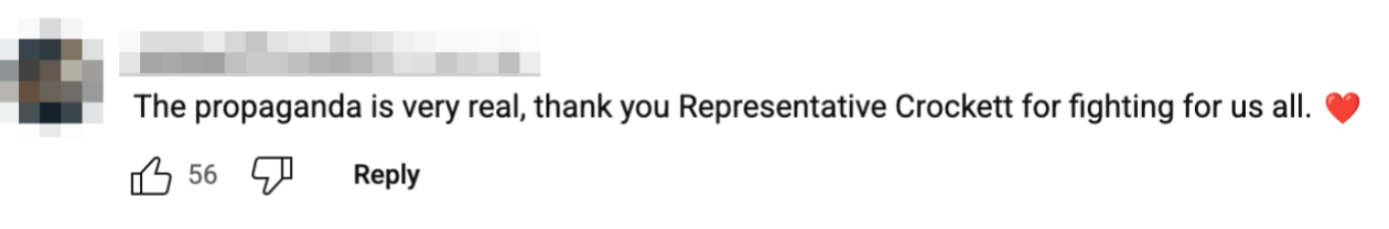 Comment thanking Representative Crockett for fighting against propaganda, includes heart emoji and 56 likes