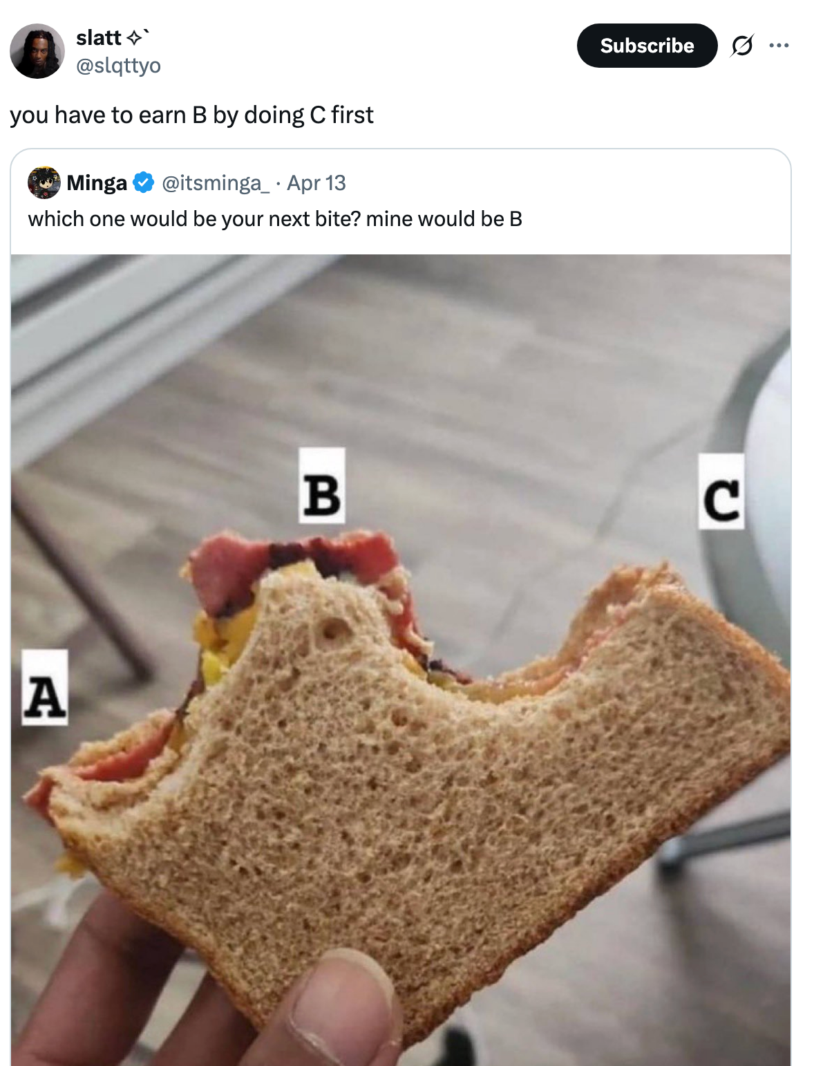 A hand holds a sliced sandwich with labeled sections: A is the crust, B is a middle bite, and C is another crust. Caption asks which bite you'd take