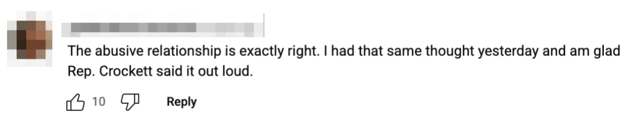 Comment praises Rep. Crockett for speaking out about an abusive relationship, echoing the user's thoughts