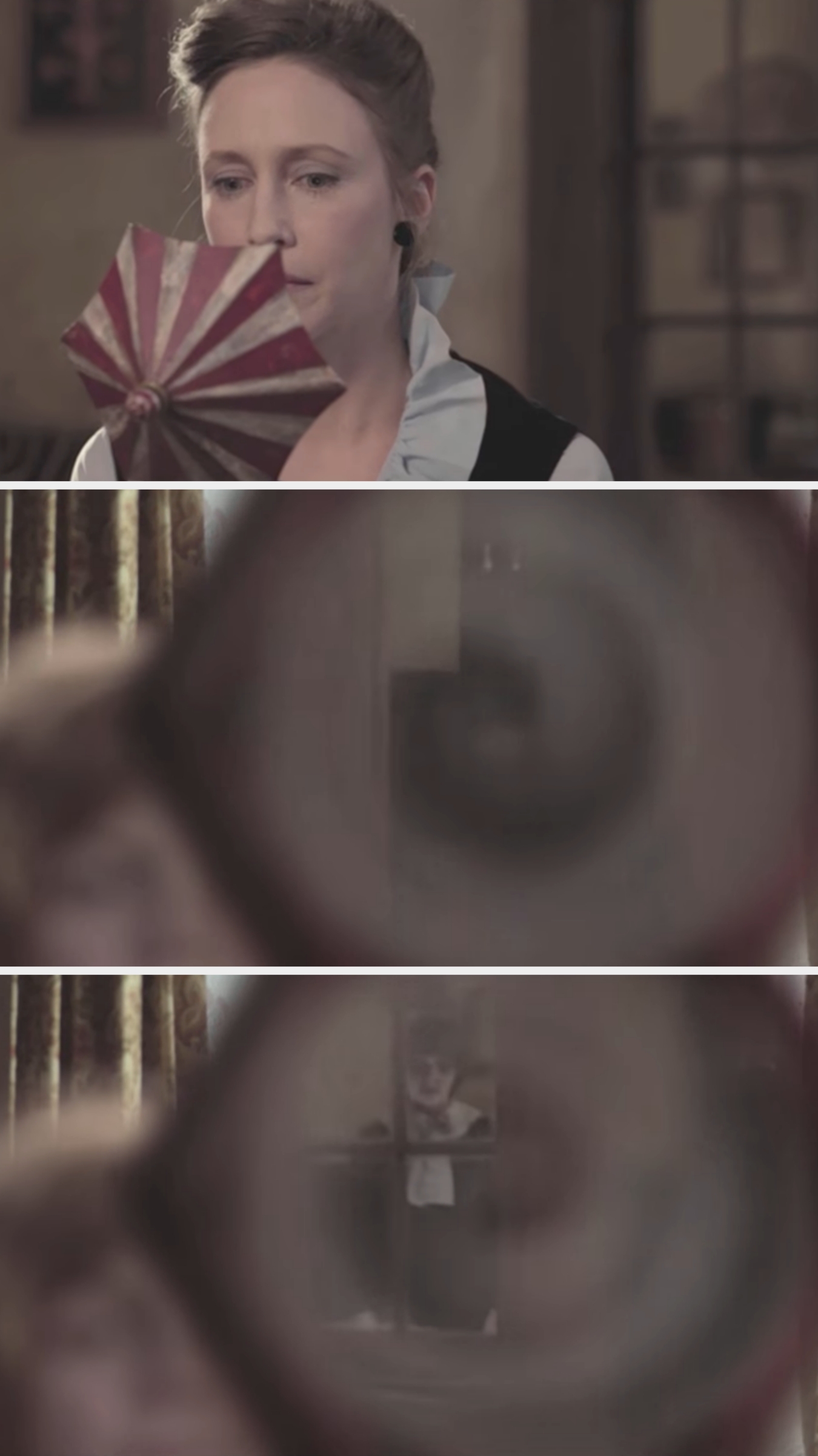 Three-panel sequence of a woman unveiling a device reflecting a concealed person behind her watching intently