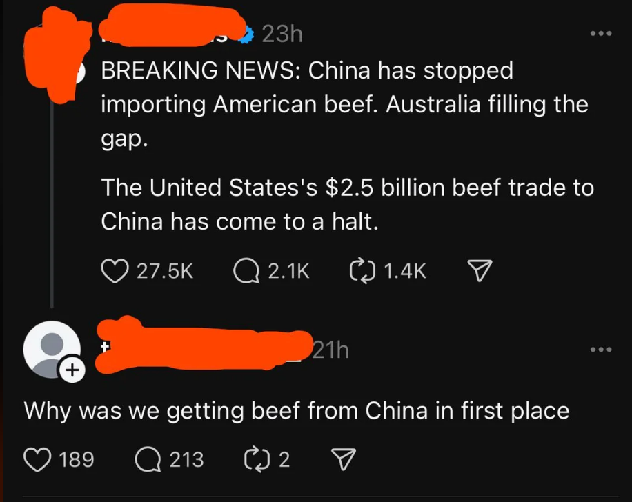 News update: China halts US beef imports. Australia steps in. Comment questions why US imported beef from China