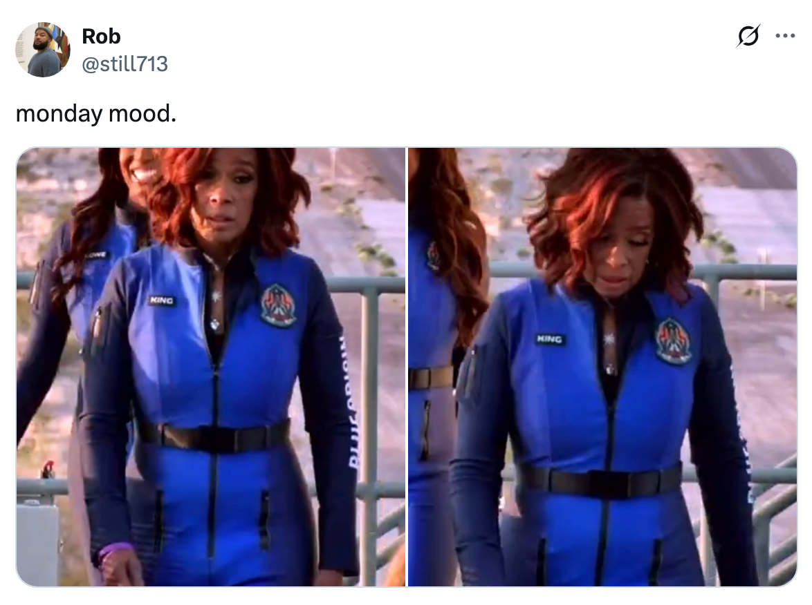 Two images show a person in a blue, form-fitting outfit with patches, looking down with a serious expression. Caption above reads, "Monday mood."