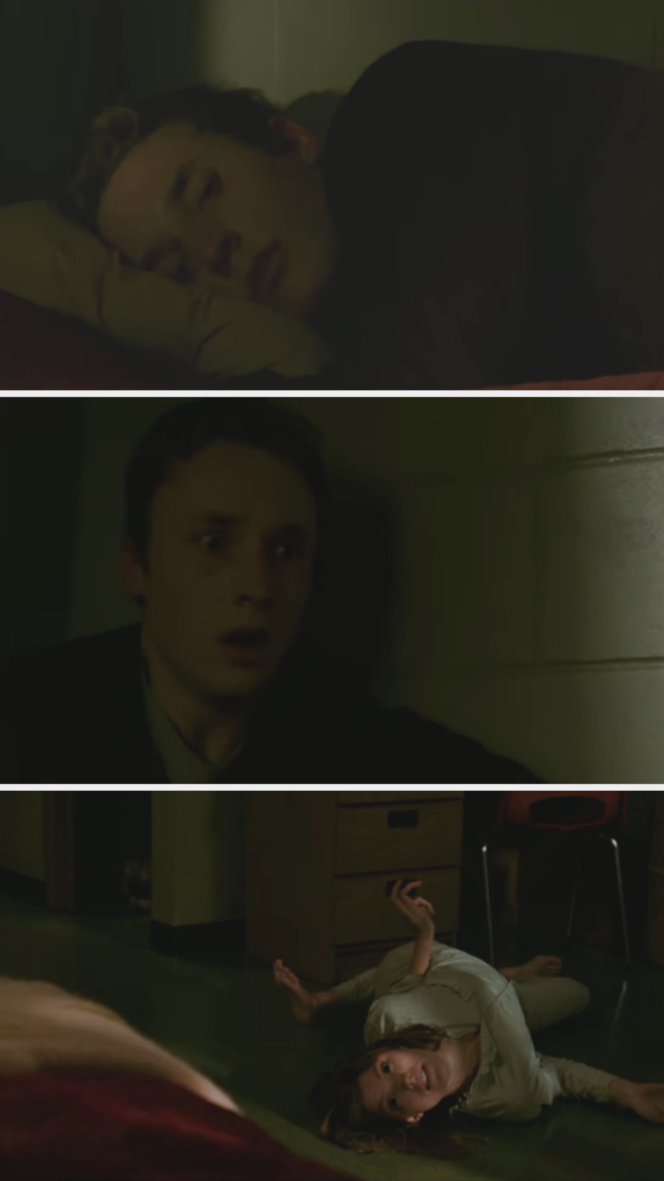 Three scenes show a person lying on a floor with a concerned expression, reacting to something, and reaching out while lying on the floor