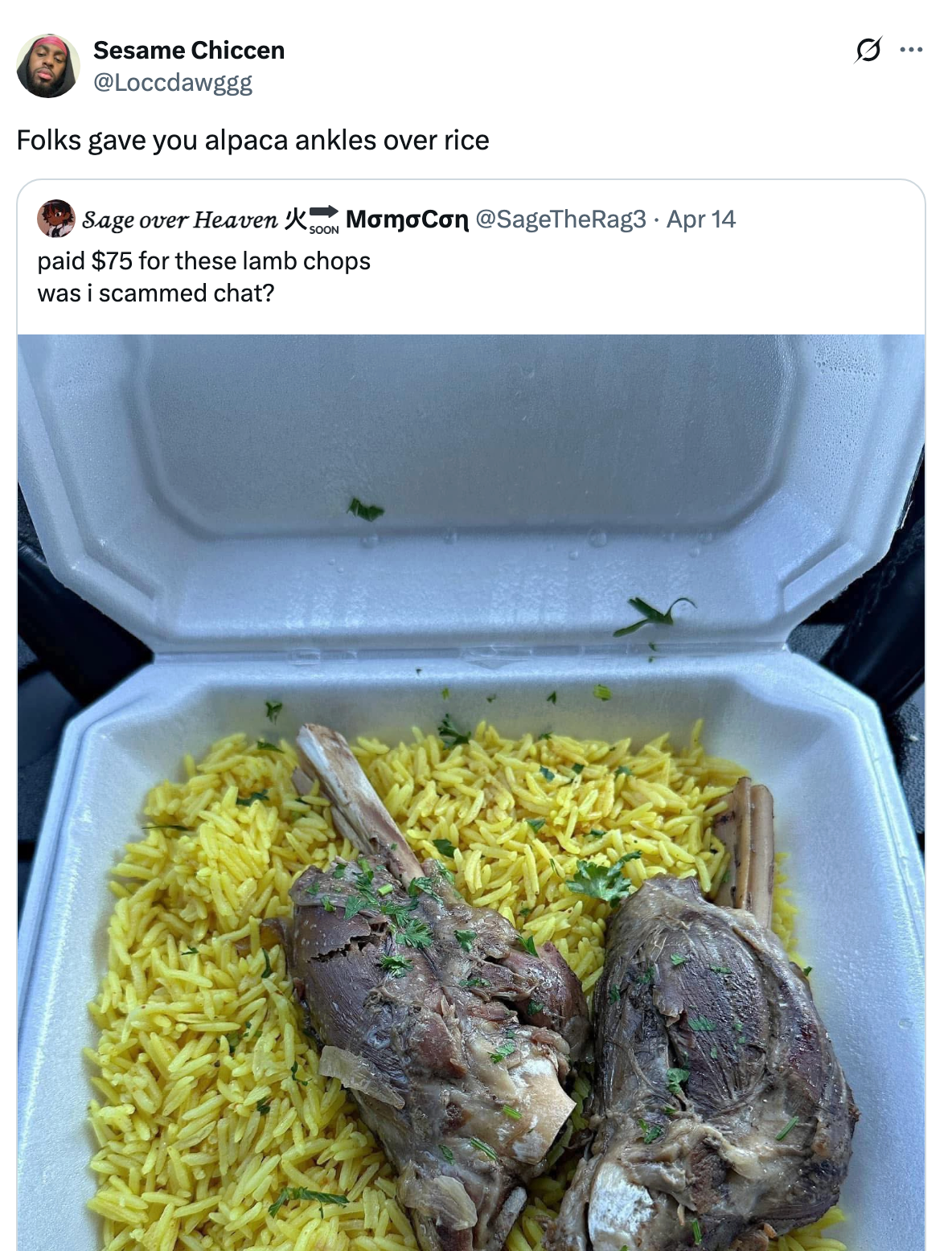 Open container with lamb chops on top of rice, with a tweet expressing concern about their cost