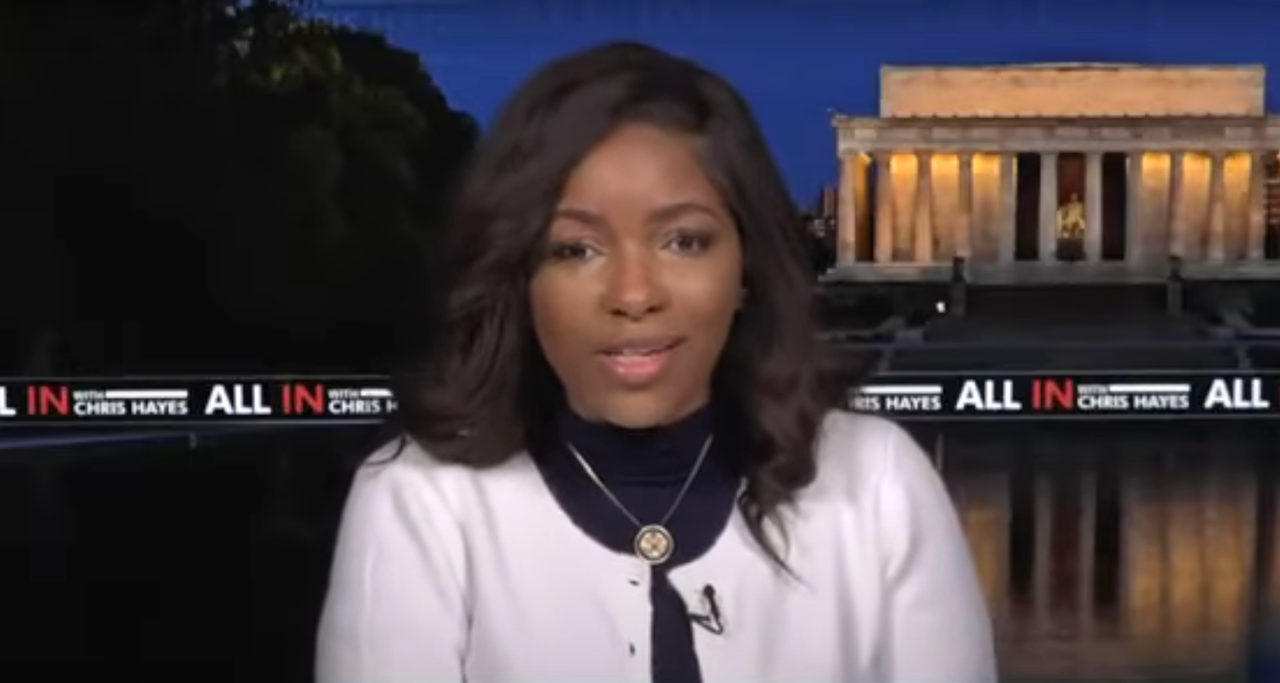 Person speaking on a TV news show with the Lincoln Memorial in the background