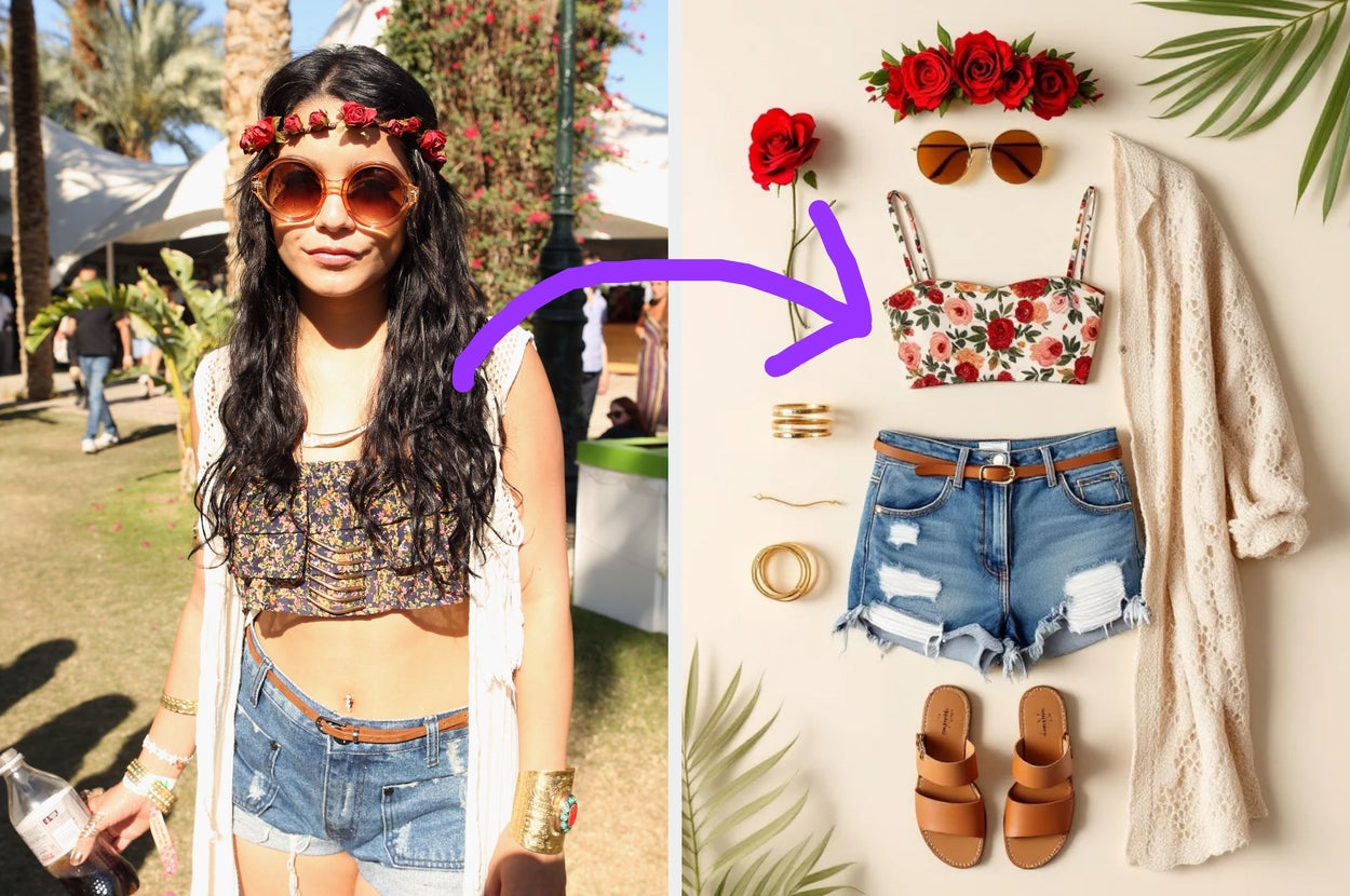 Vanessa Hudgens in Coachella outfit with a floral crown and boho chic style. Next to her is a flat lay of a similar bohemian outfit