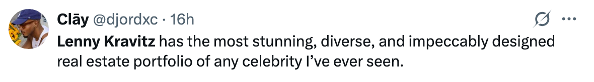 Tweet praising Lenny Kravitz's impressive and diverse real estate portfolio