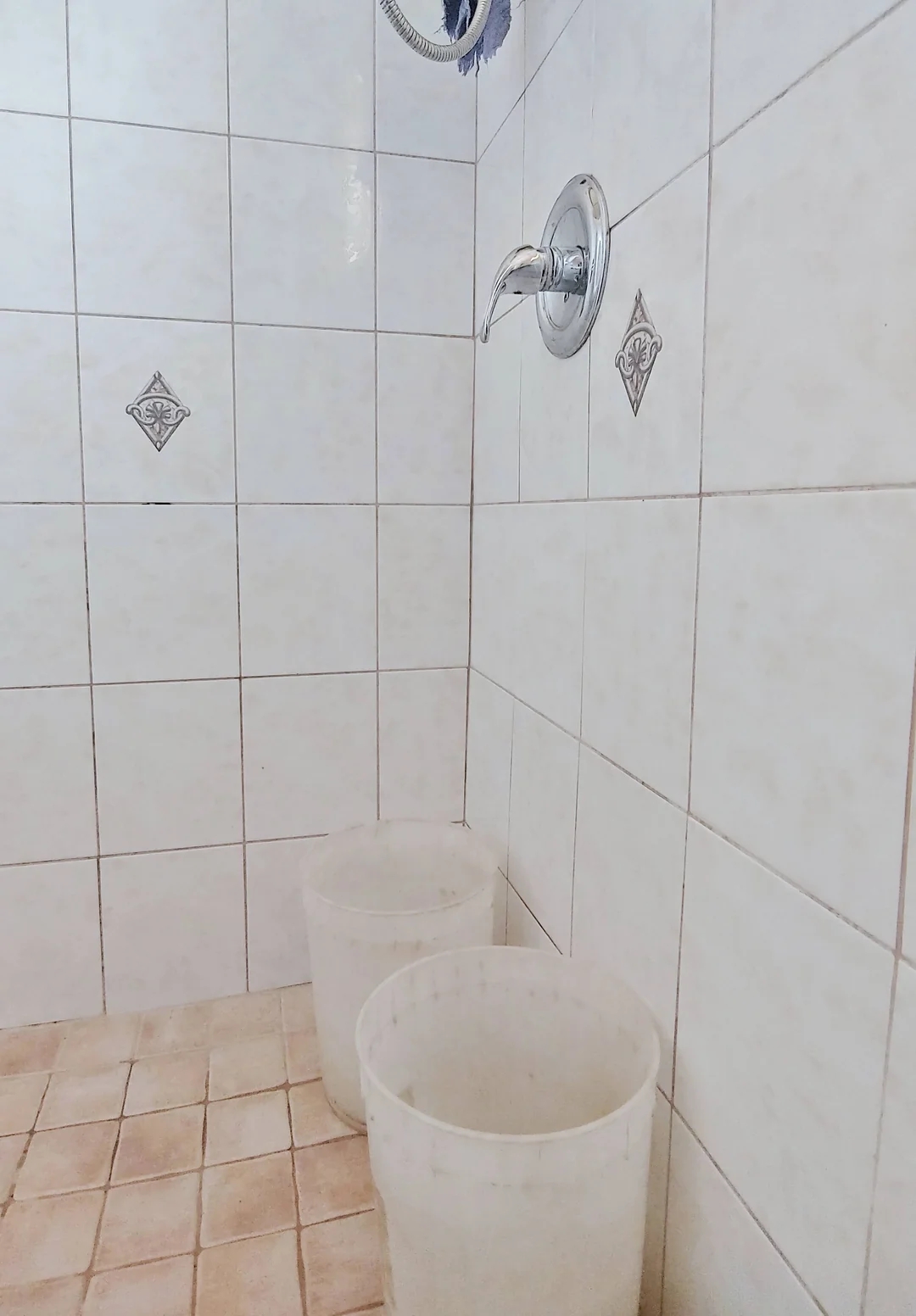 Shower area with two empty plastic buckets on tiled floor, possibly used for water collection or conservation