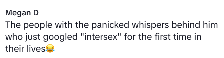 Text meme with caption about people panicking after googling "intersex" for the first time, with a laughing emoji