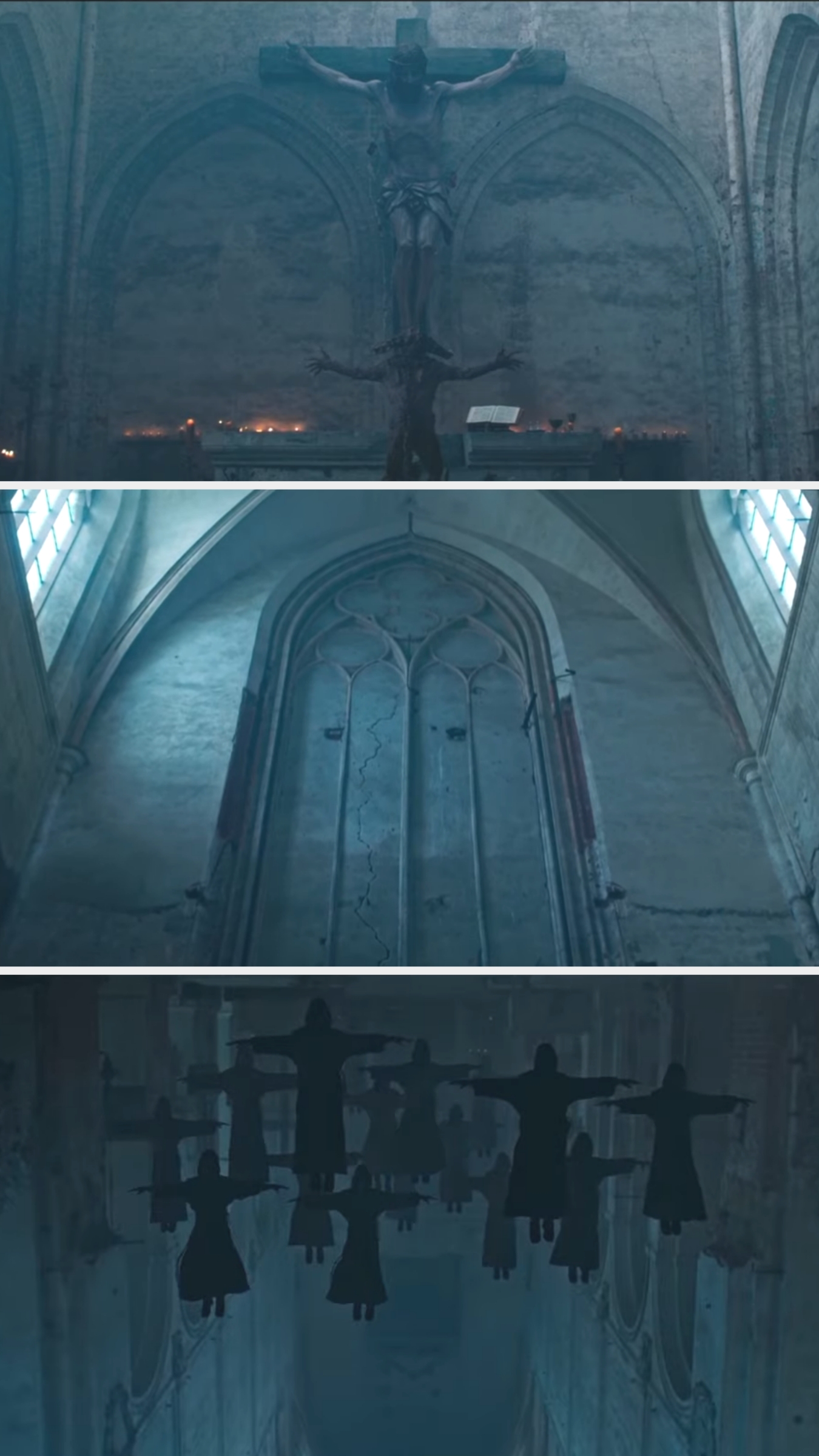 Eerie cathedral scenes: crucifix inside an arched interior, followed by silhouettes of figures suspended mid-air in a dimly lit space