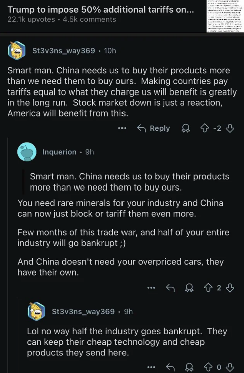 Reddit comment claiming that China needs the US to buy their products more than the US needs China to buy our products; another points out how we need rare minerals from China for our industry, and that China doesn&#x27;t care about our products