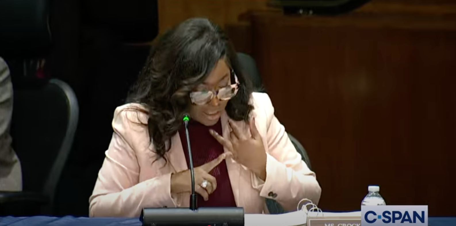 Person speaking at a C-SPAN televised event, sitting at a table with a microphone