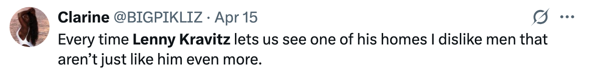Tweet expressing admiration for Lenny Kravitz's homes, with a playful comment about disliking other men