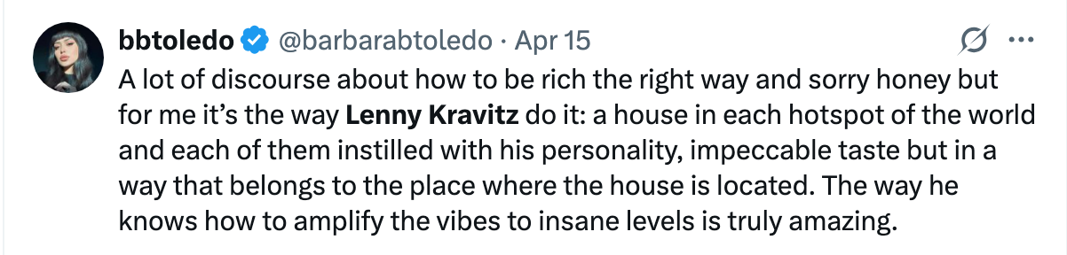 Tweet praising Lenny Kravitz's approach to owning homes that reflect his personality and respect local culture, amplifying the vibe uniquely