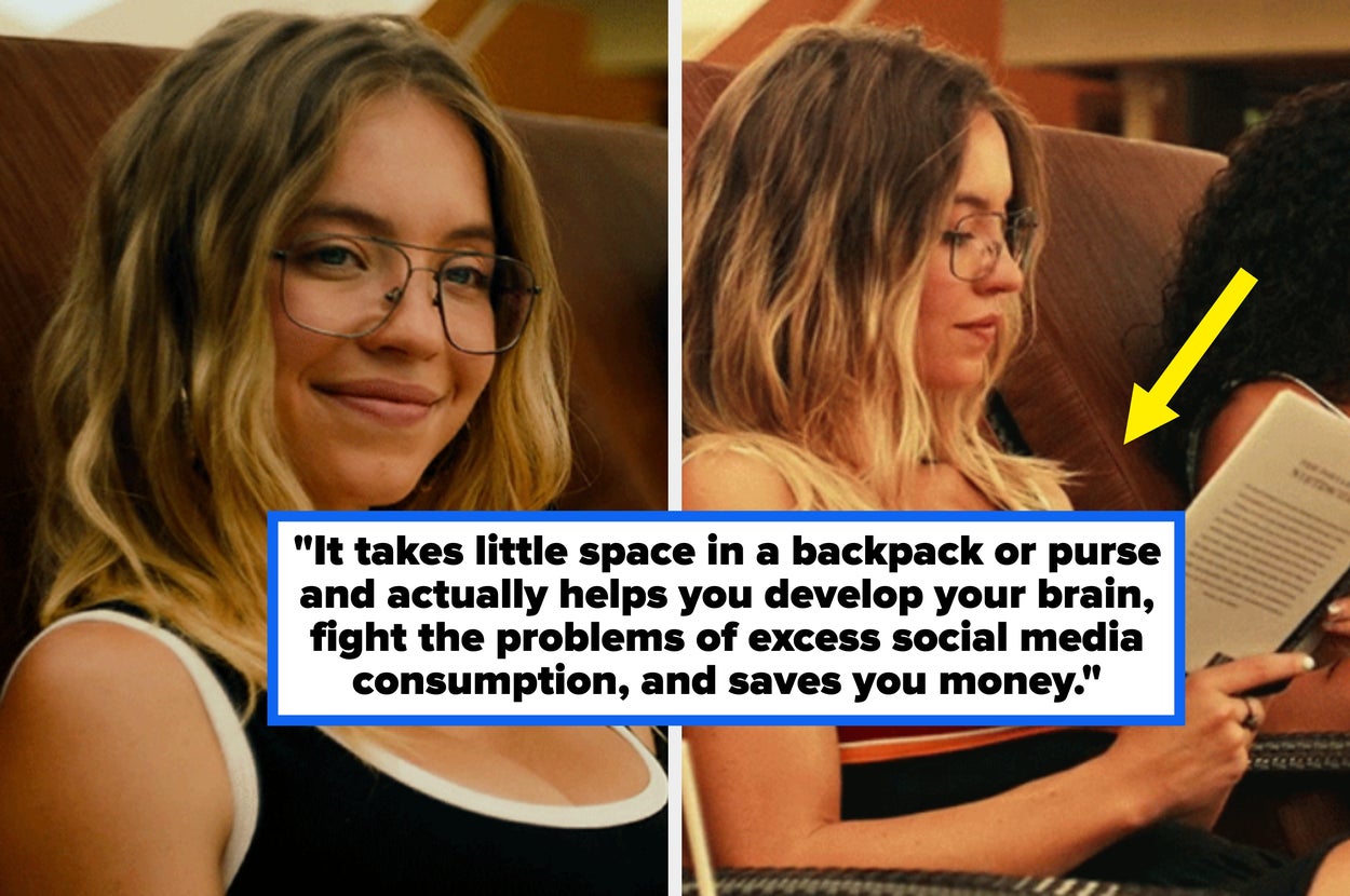 Person with glasses reads a book. Text highlights benefits: portability, brain development, combatting excess social media use, and saving money