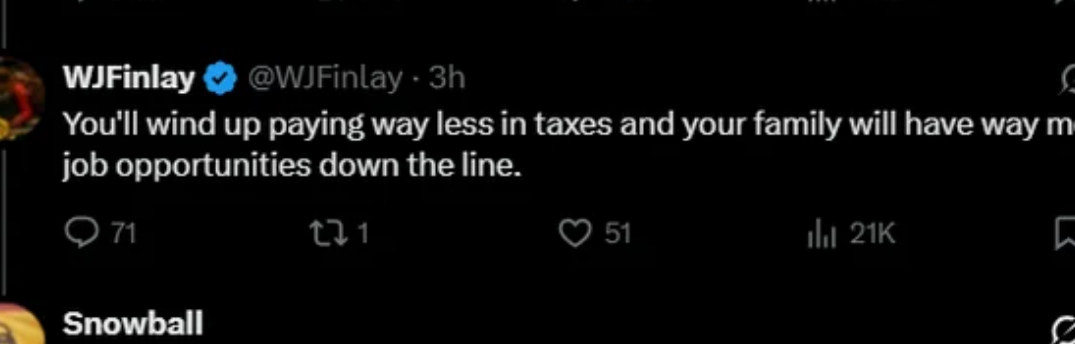 Person asks how tariffs will make their life better; another replies &quot;you&#x27;ll end up paying way less in taxes and your family will have way more job opportunities down the line&quot;