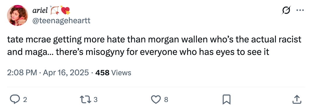 Tweet criticizing perceived unfair hate towards Tate McRae compared to Morgan Wallen, mentioning issues of racism and misogyny