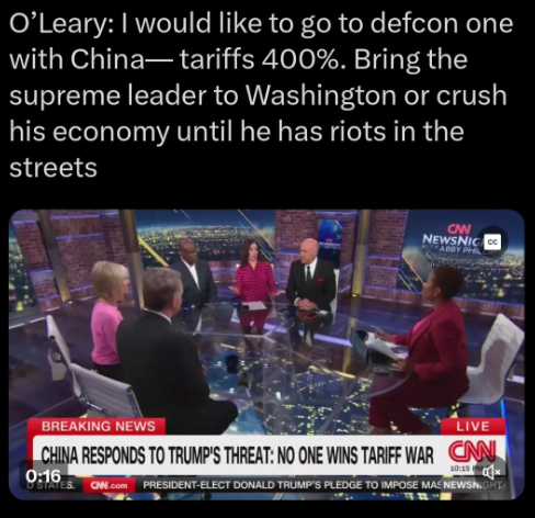 News panel discusses Trump&#x27;s tariff threat; text says O&#x27;Leary suggested 400% tariffs on China to crush their economy
