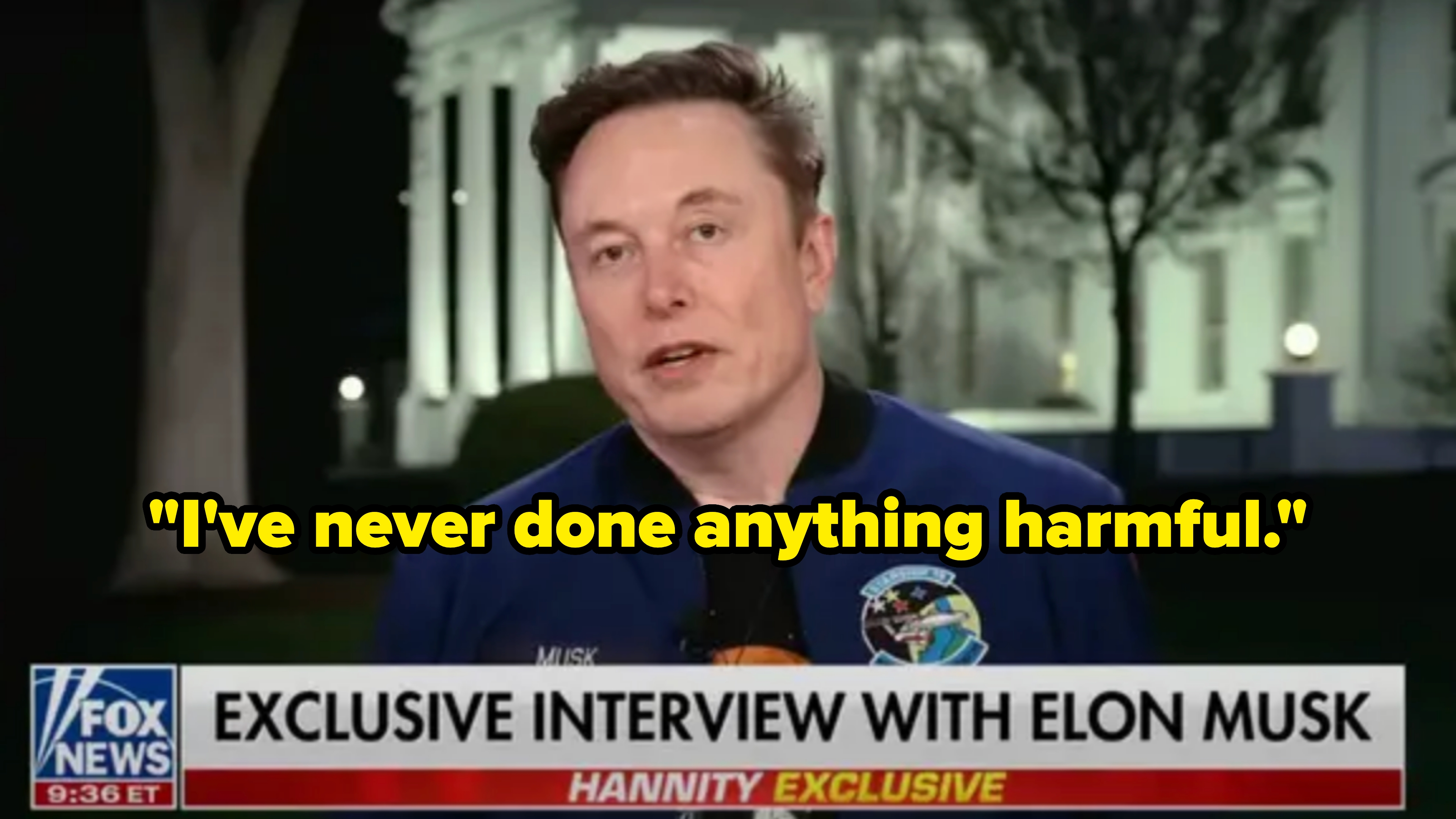Elon Musk in an outdoor interview, caption reads: "I've never done anything harmful." Fox News exclusive segment details visible