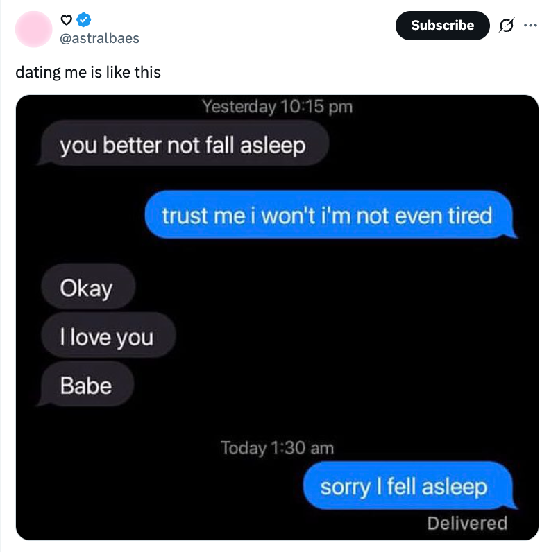 Text message exchange where one person promises not to fall asleep but later apologizes for doing so