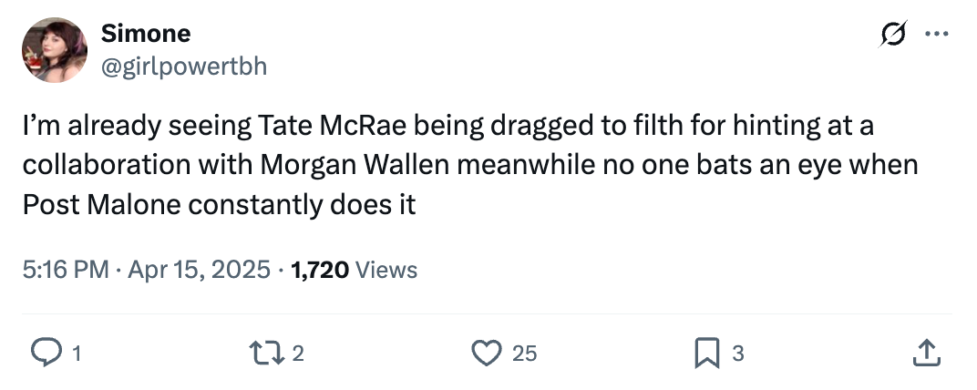 Tweet discusses backlash toward Tate McRae for a potential collaboration with Morgan Wallen, comparing this to Post Malone's collaborations without criticism