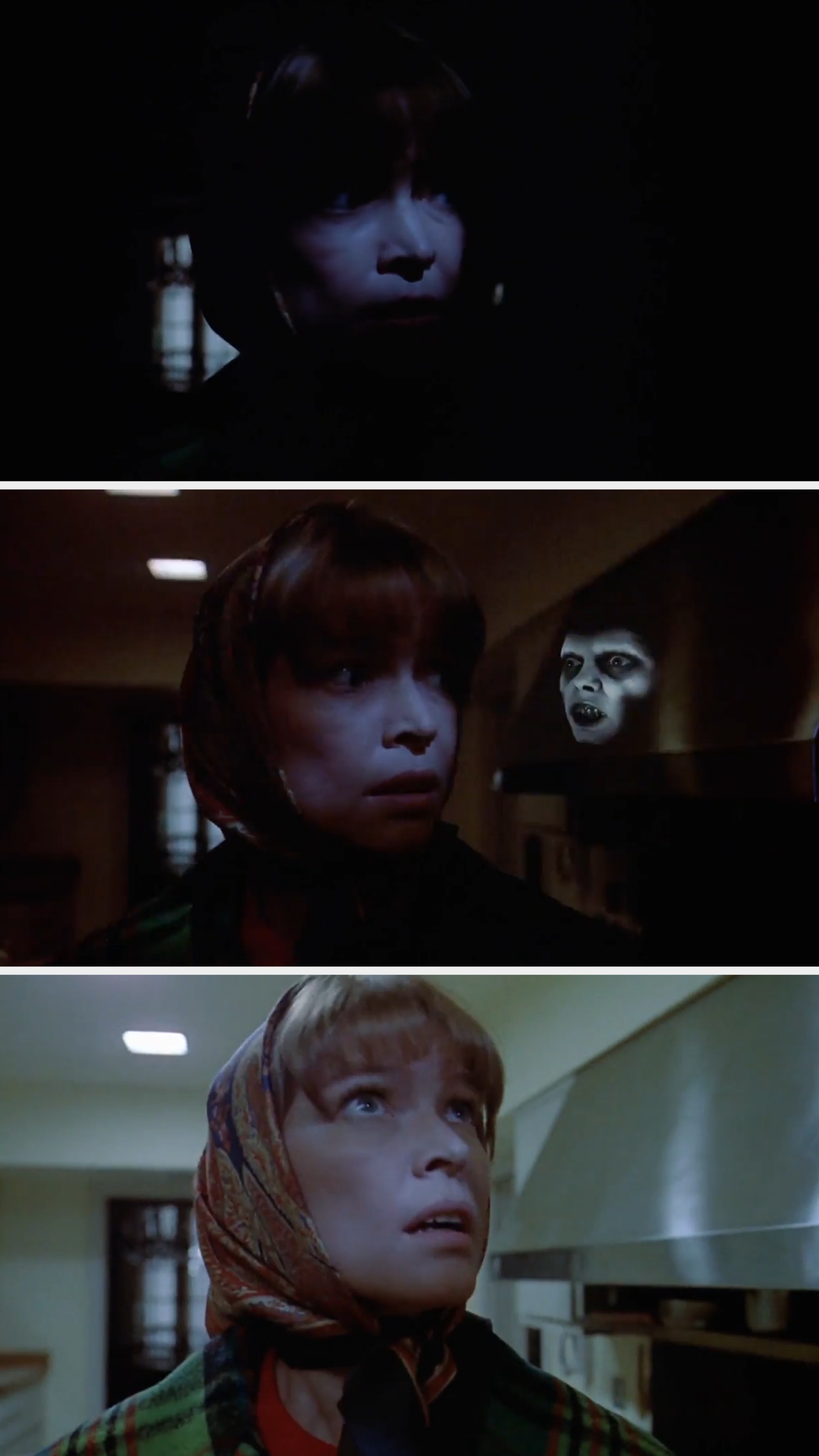 A woman in a headscarf appears surprised and fearful as a ghostly face materializes nearby in a dimly lit setting