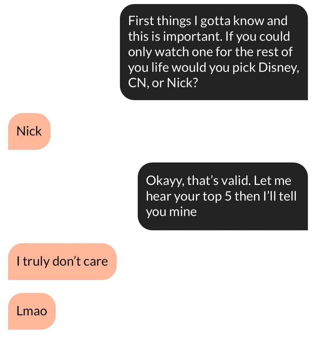 Text conversation: One person asks for TV network preference; the other responds with indifference