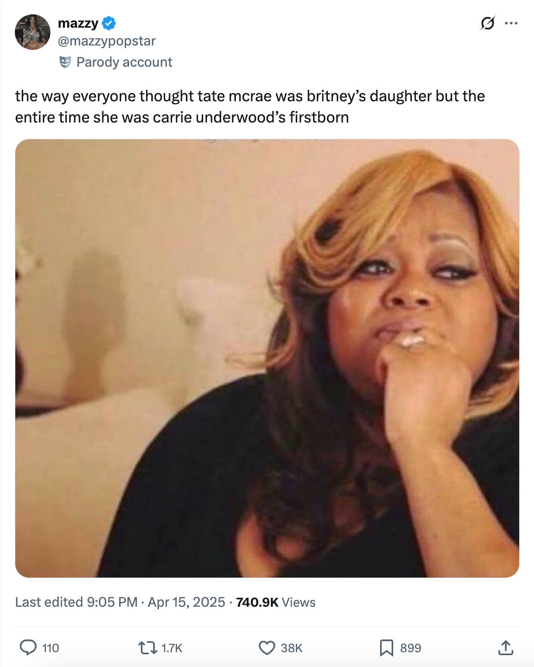 A tweet by a parody account humorously comments on celebrity resemblances, referencing Tate McRae and Carrie Underwood