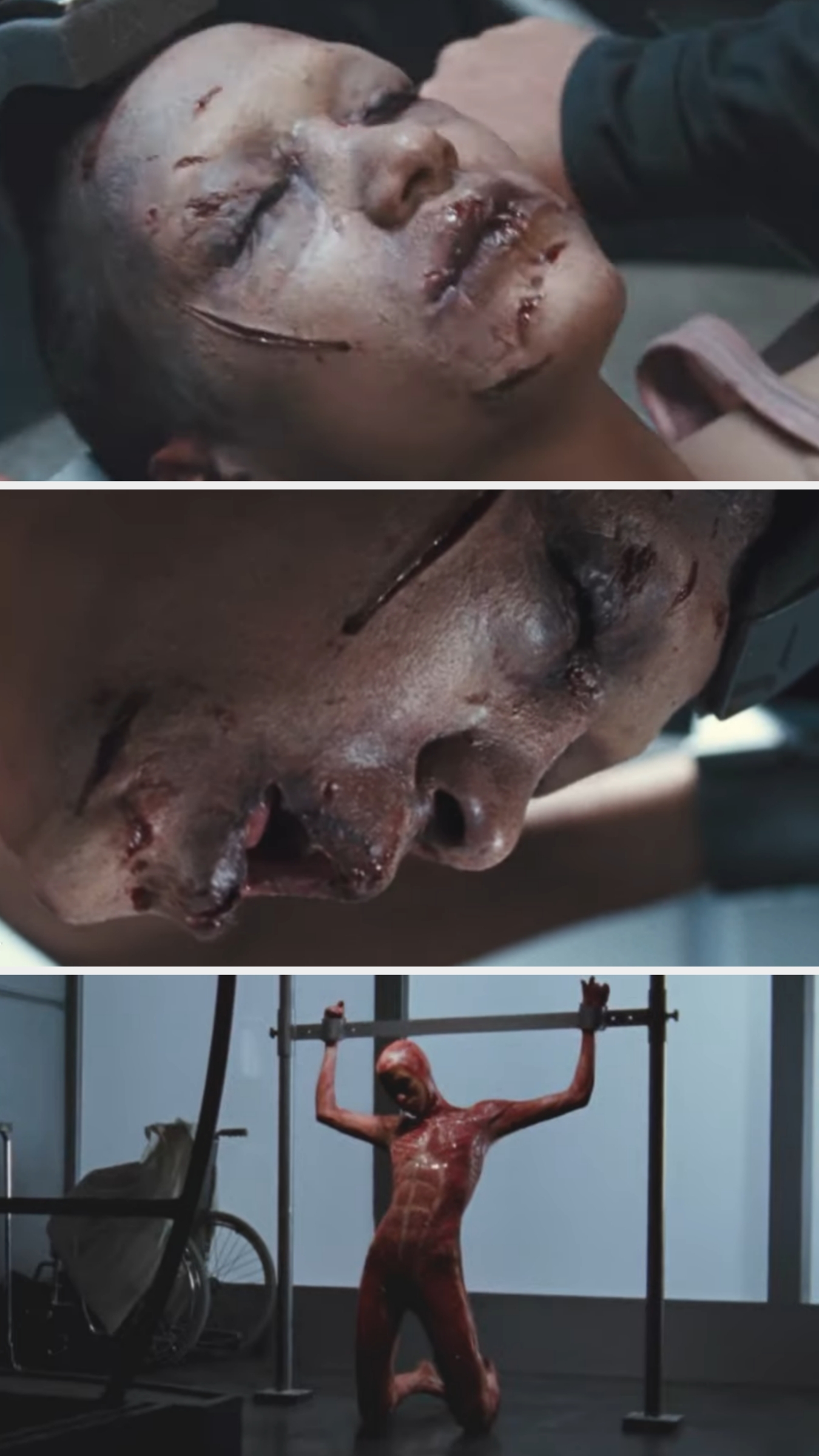 Several images showing a person with makeup effects simulating severe injuries and scars, and a person in a full-body suit kneeling