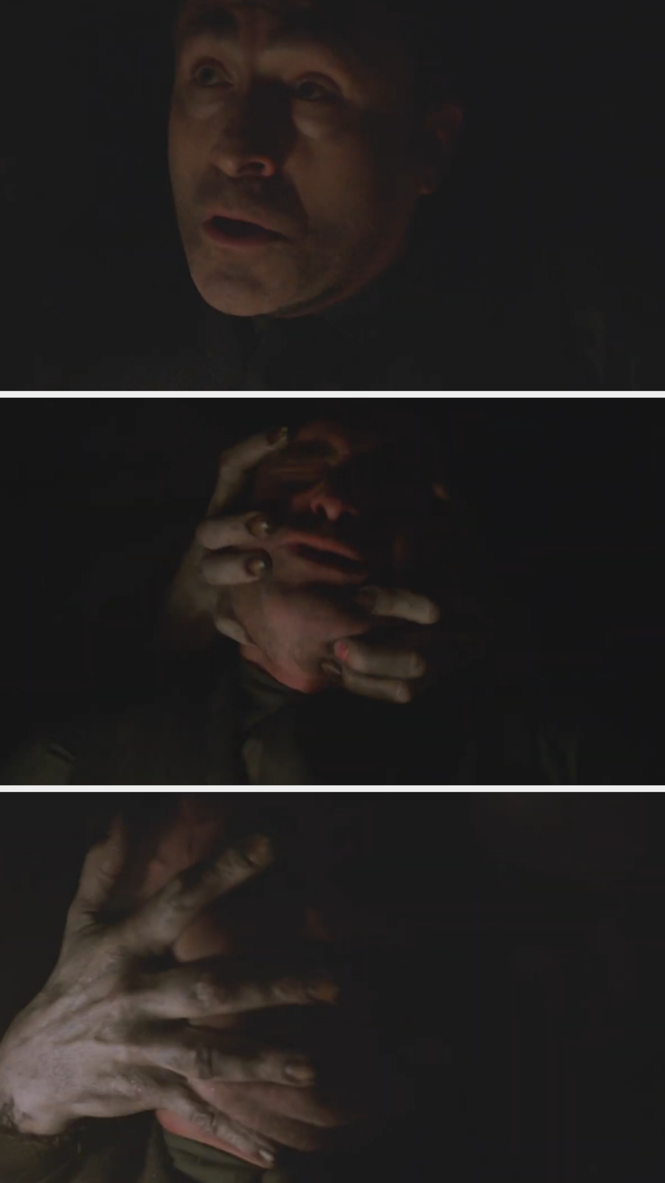 A person in a dark scene, with hands covering their face, suggesting tension or fear. The progression shows different angles of the hands' grip