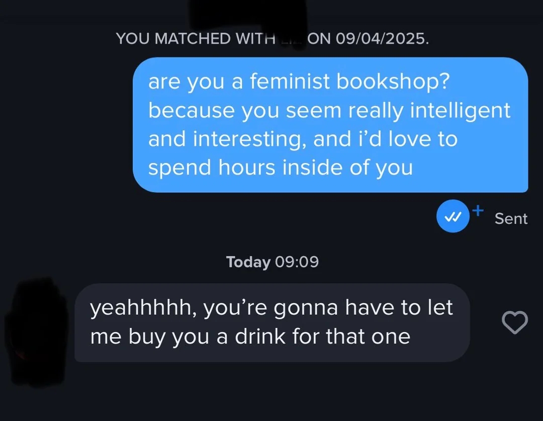 Text exchange: One person uses a bookstore metaphor as a pickup line. The other responds approvingly, suggesting a drink offer