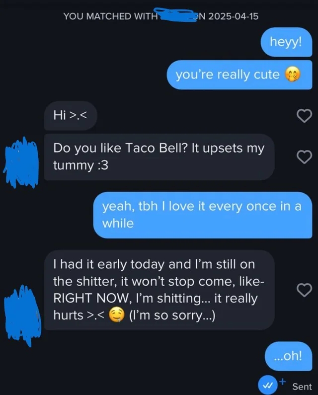 Text conversation reveals a humorous exchange about liking Taco Bell and resulting digestive issues