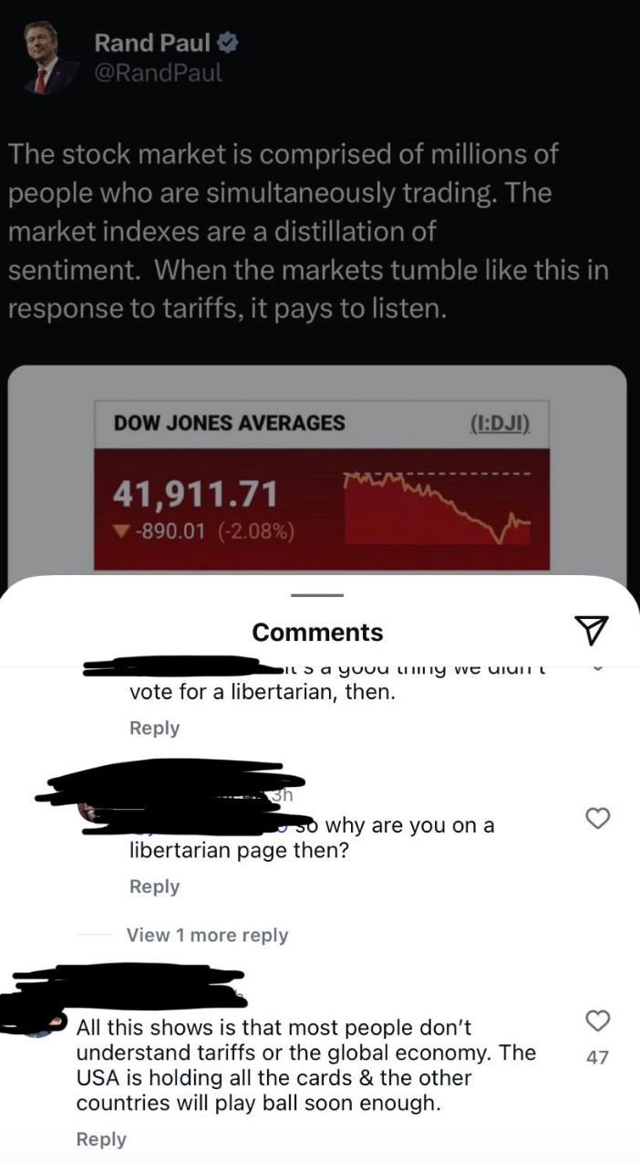 reply to a tweet about the stock market &quot;tumbling,&quot; saying, &quot;all this shows is that most people don&#x27;t understand tariffs or the global economy. The USA is holding all the cards and the other countries will play ball soon enough&quot;