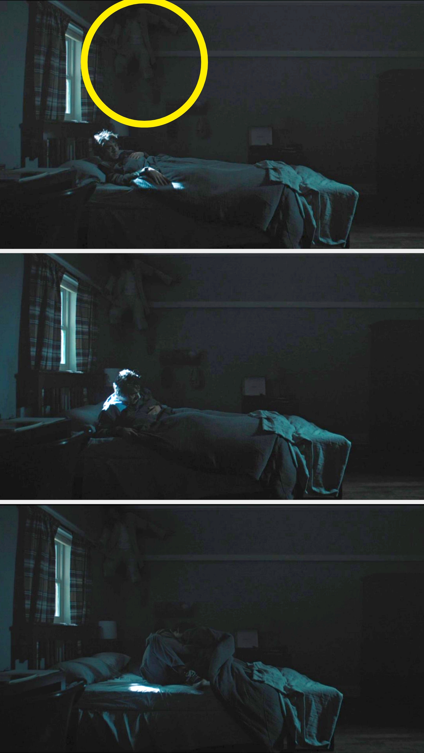 Three images depict a dark bedroom with a person in bed. A yellow circle highlights a mysterious silhouette on the wall in the first image