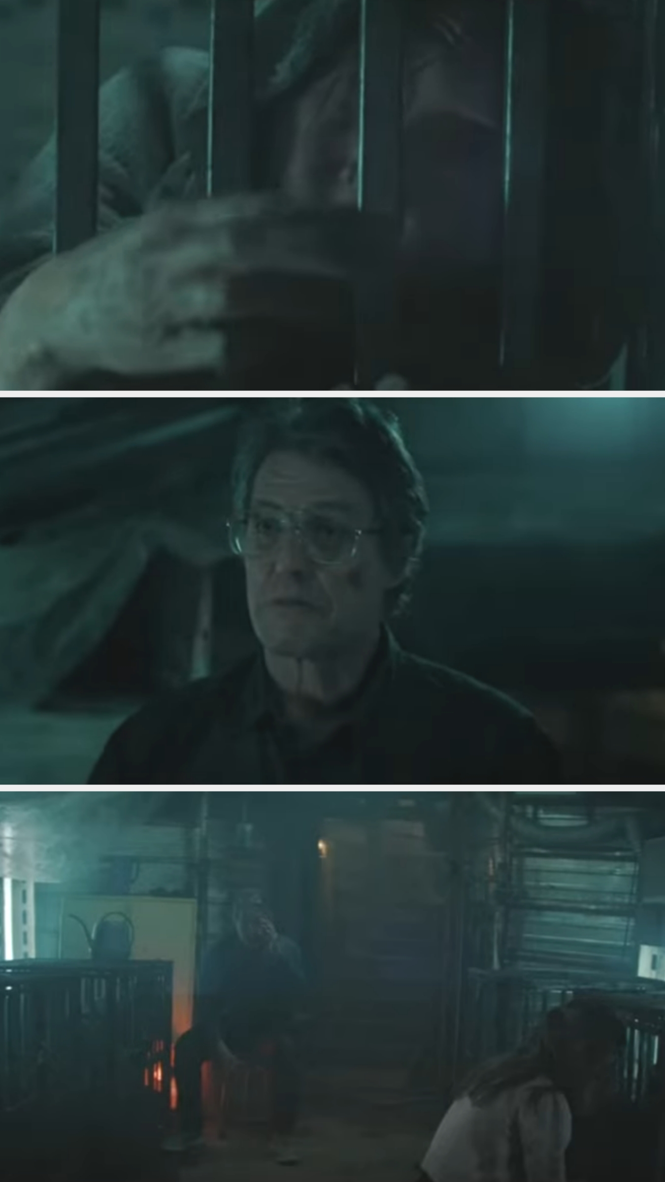 Three suspenseful film scenes: a hand grips bars, a man with glasses looks stern, and a dim room with someone sitting and a figure on the floor