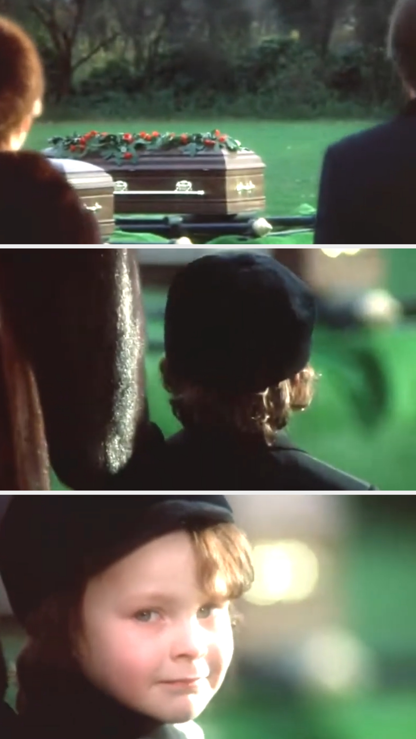 Three images: A coffin funeral scene, a child wearing a beret watching, and the same child looking back with a subtle smile