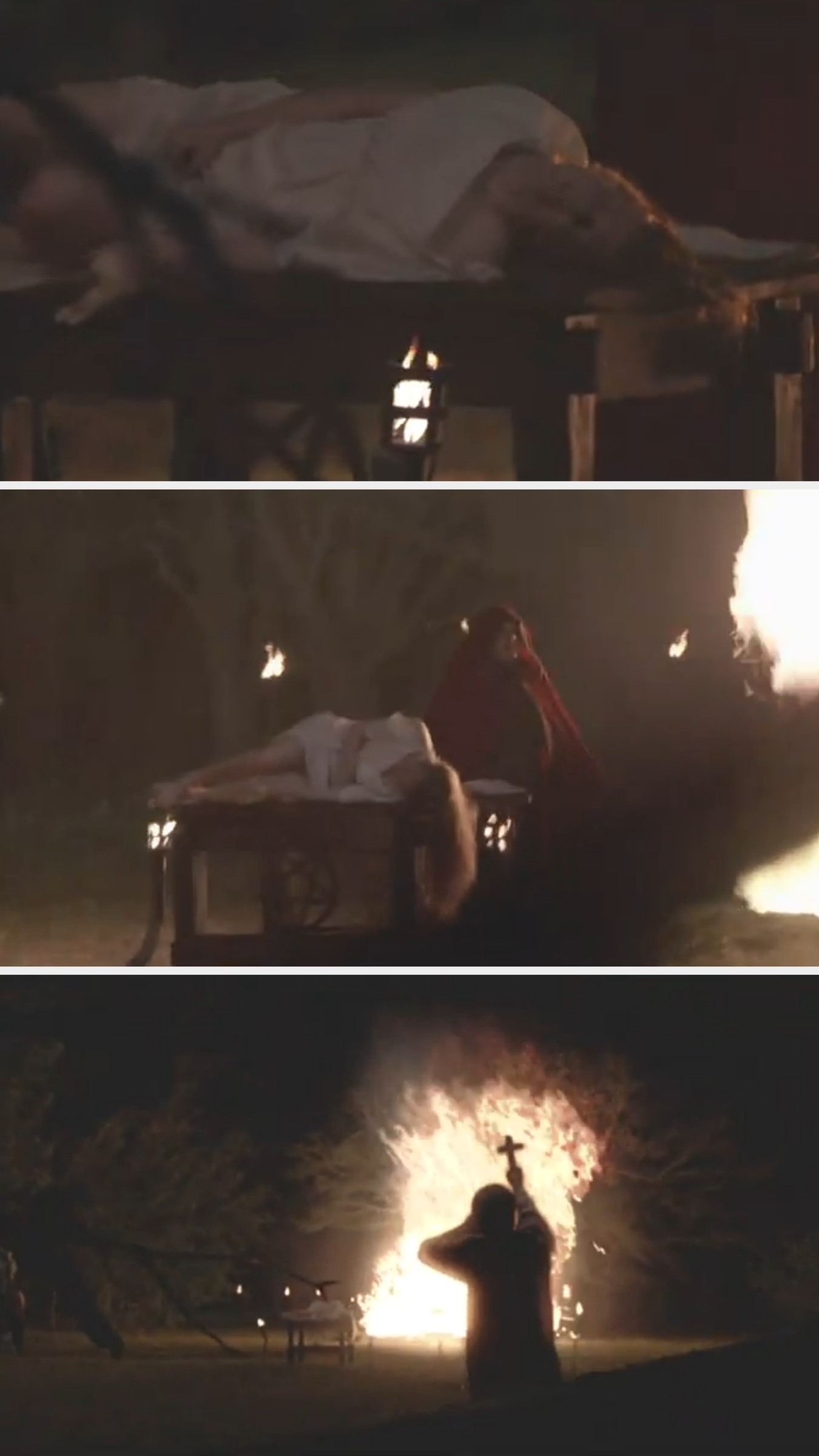 A dramatic scene with a figure in white tied on a table, fire nearby, and a person in a red cloak standing beside them