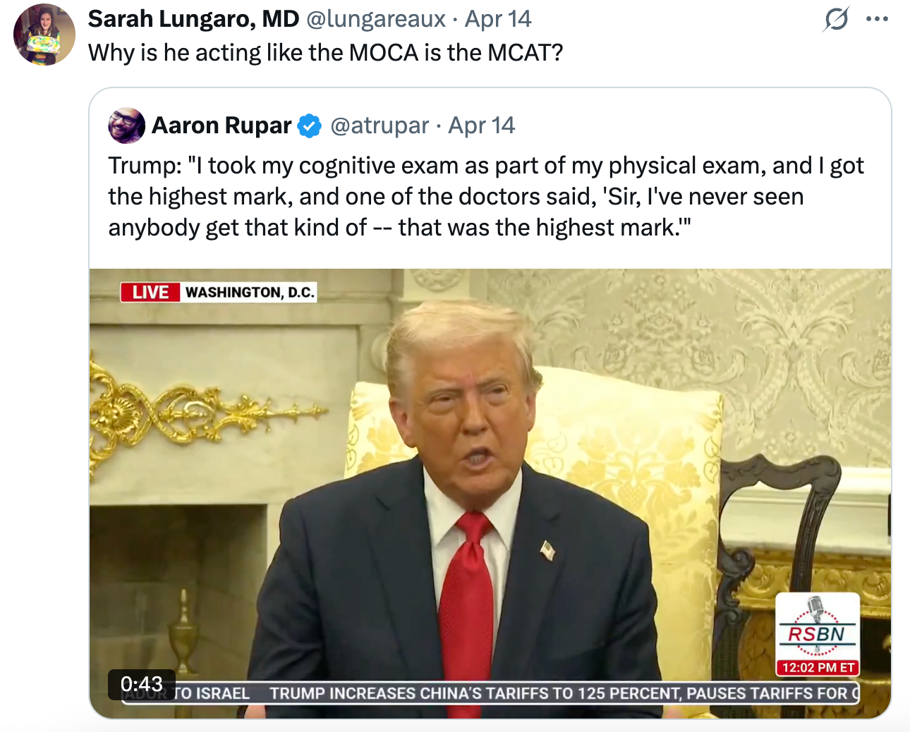 A screenshot of a tweet shows a news clip of a former U.S. president in a suit discussing a cognitive exam in the White House, with chyron text below